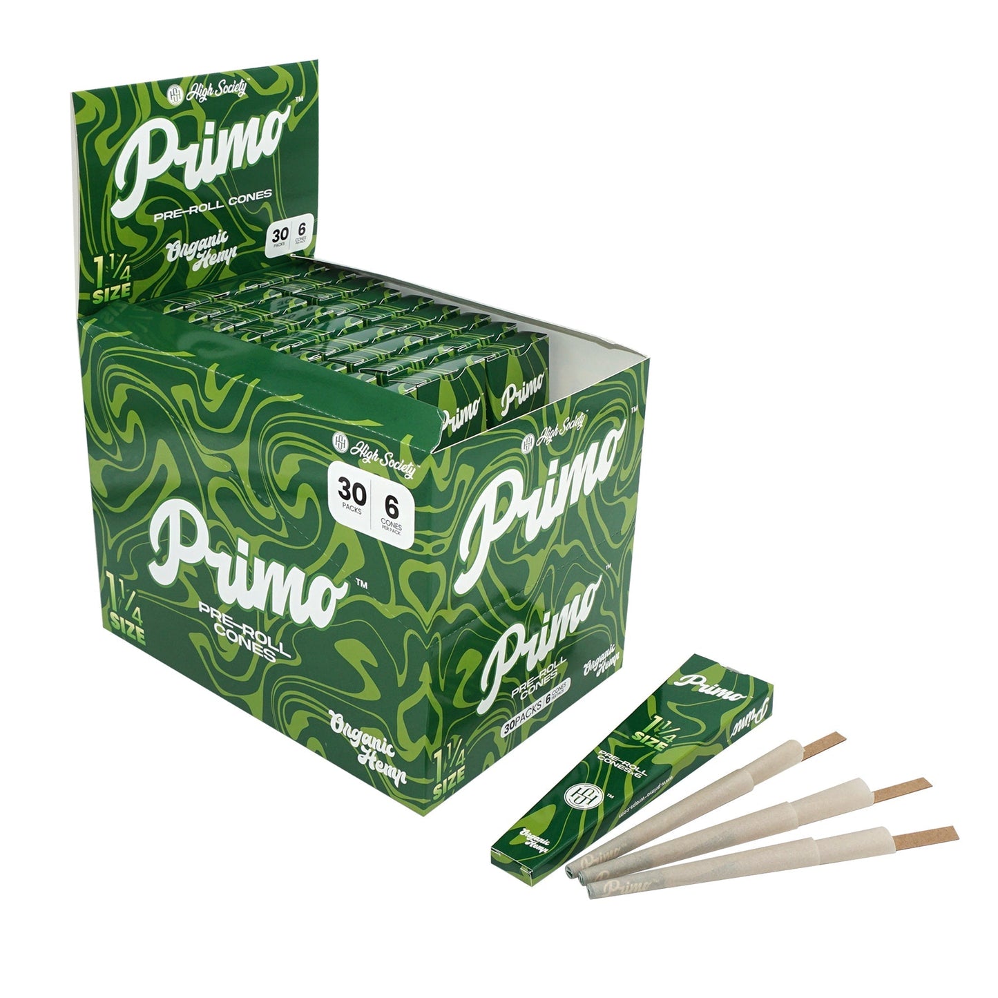 High Society Primo 1.25" Organic Hemp Pre-Roll Cones (Box of 30 Packs)